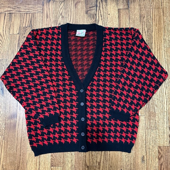 Vintage One Step Up Acrylic Button Up Red & Black Houndstooth Cardigan Sweater - Picture 1 of 4